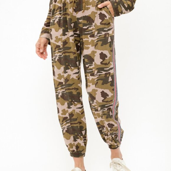MYSTREE Camo Jogger Pants, Green Brown Drawstring Lounge Pants with Side Stripe - Picture 2 of 8